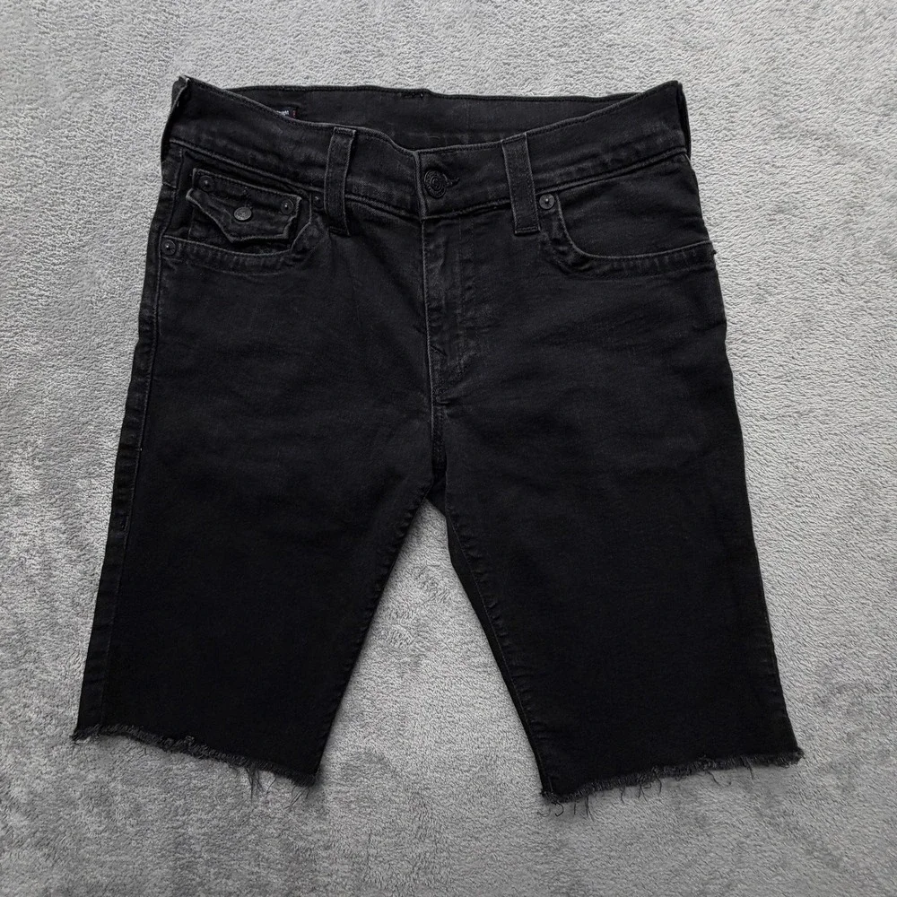 True Religion‎ Shorts Mens Measured 32x12 Black Denim Bermuda Stretch Pockets